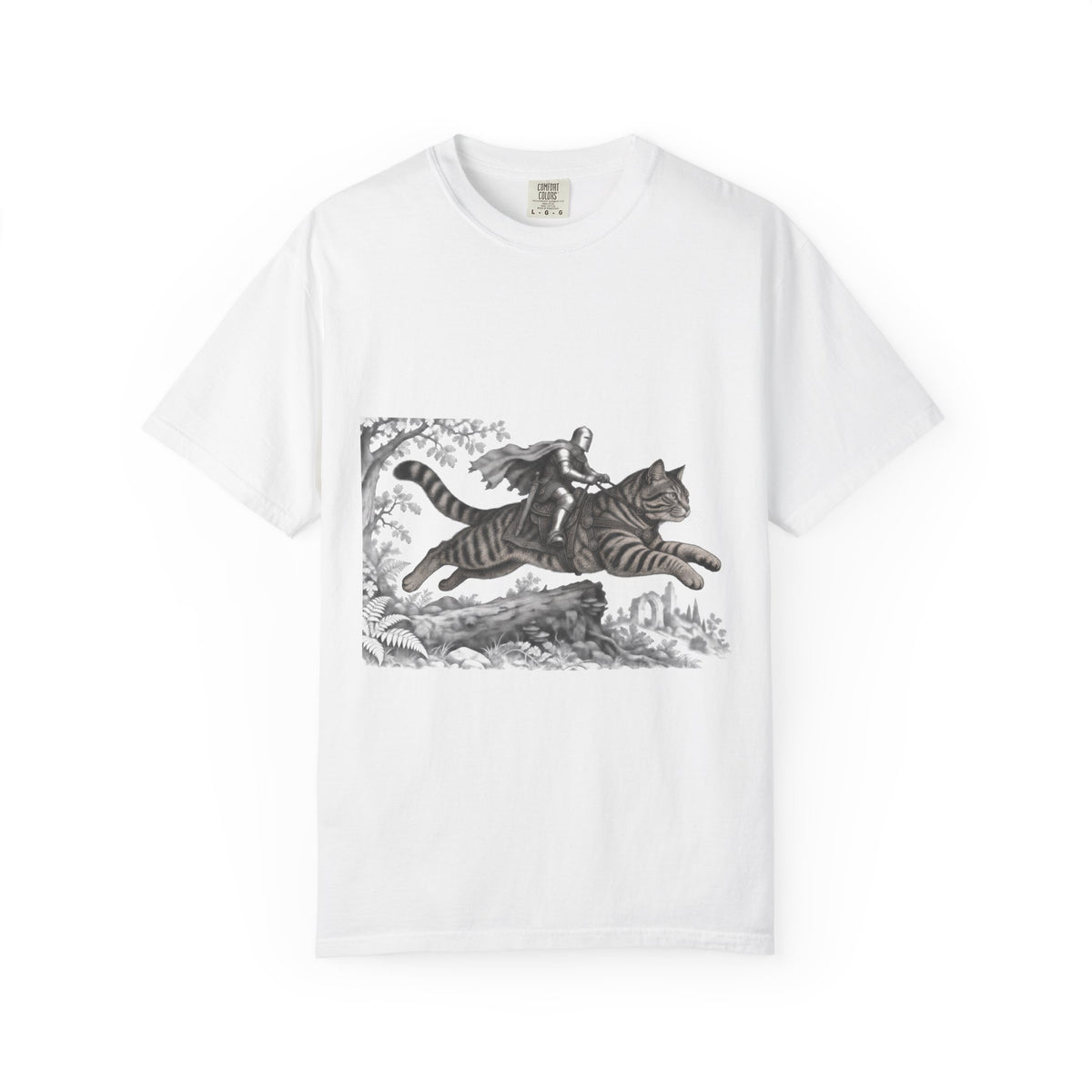 Medieval Knight Riding Leaping Tabby Cat Tee Dark Fantasy Moonlit Cat Shirt