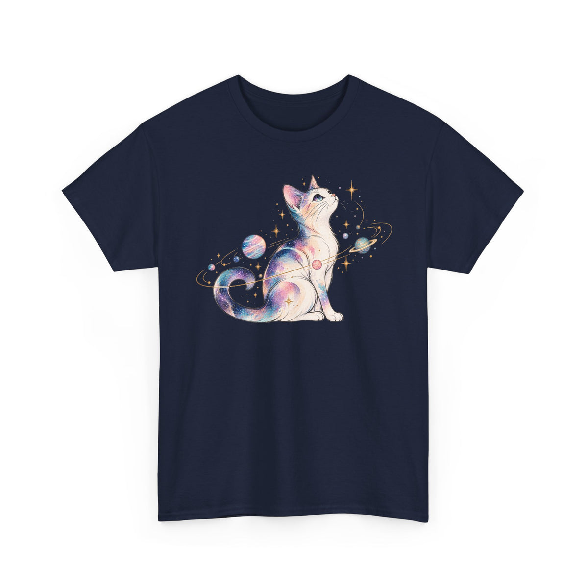 Cosmic Galaxy Cat T-Shirt, Pastel Watercolor Cat Planets Gold Stars Celestial Graphic Tee Unisex
