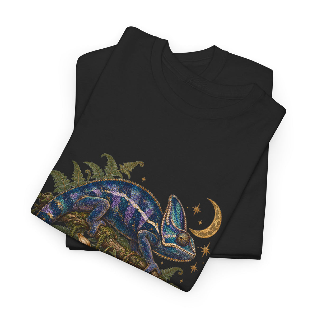 Night Bloom Chameleon T-Shirt Celestial Crescent Moon Ferns Reptile Tee