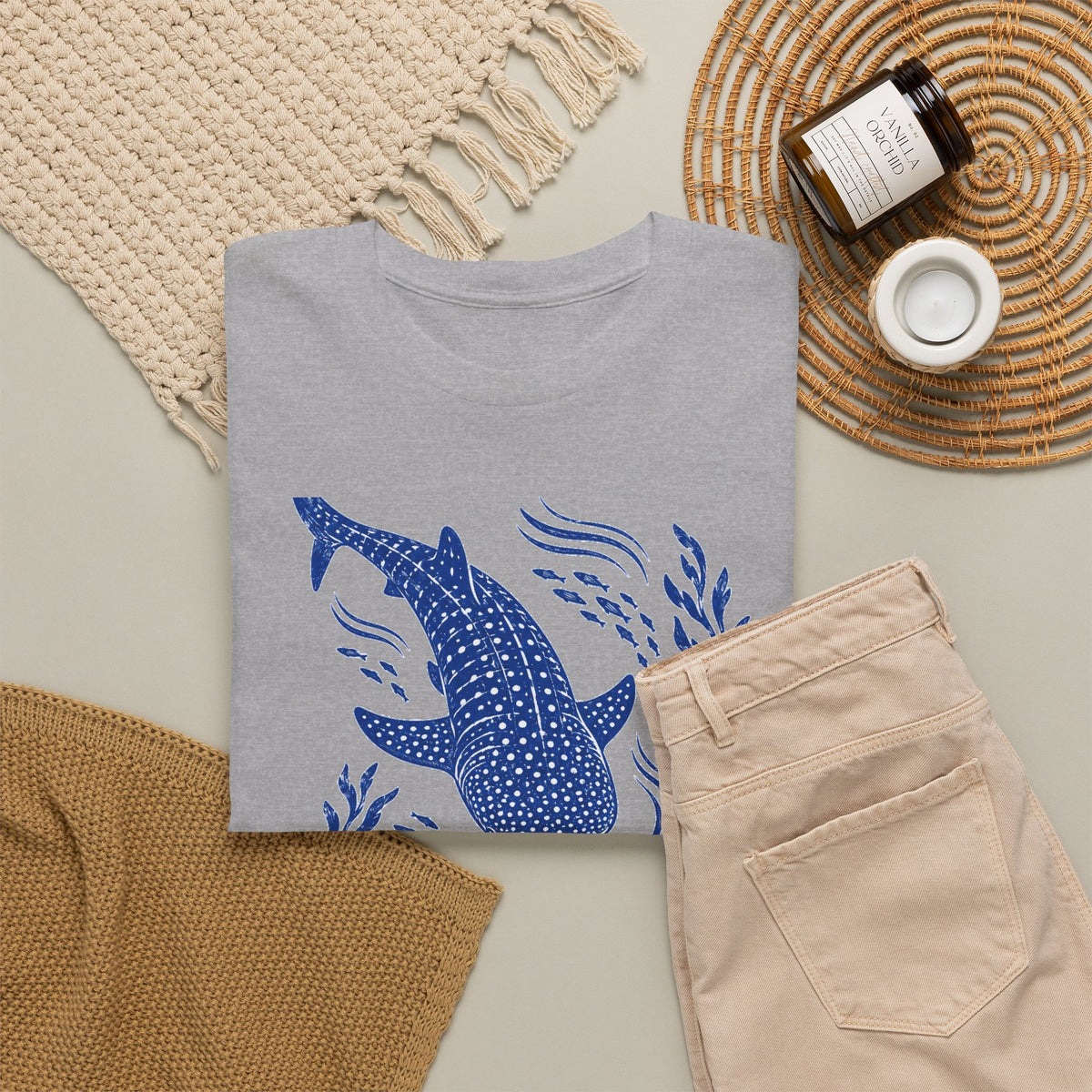 Whale Shark Linocut T-Shirt Blue Block Print Ocean Seaweed Fish Tee