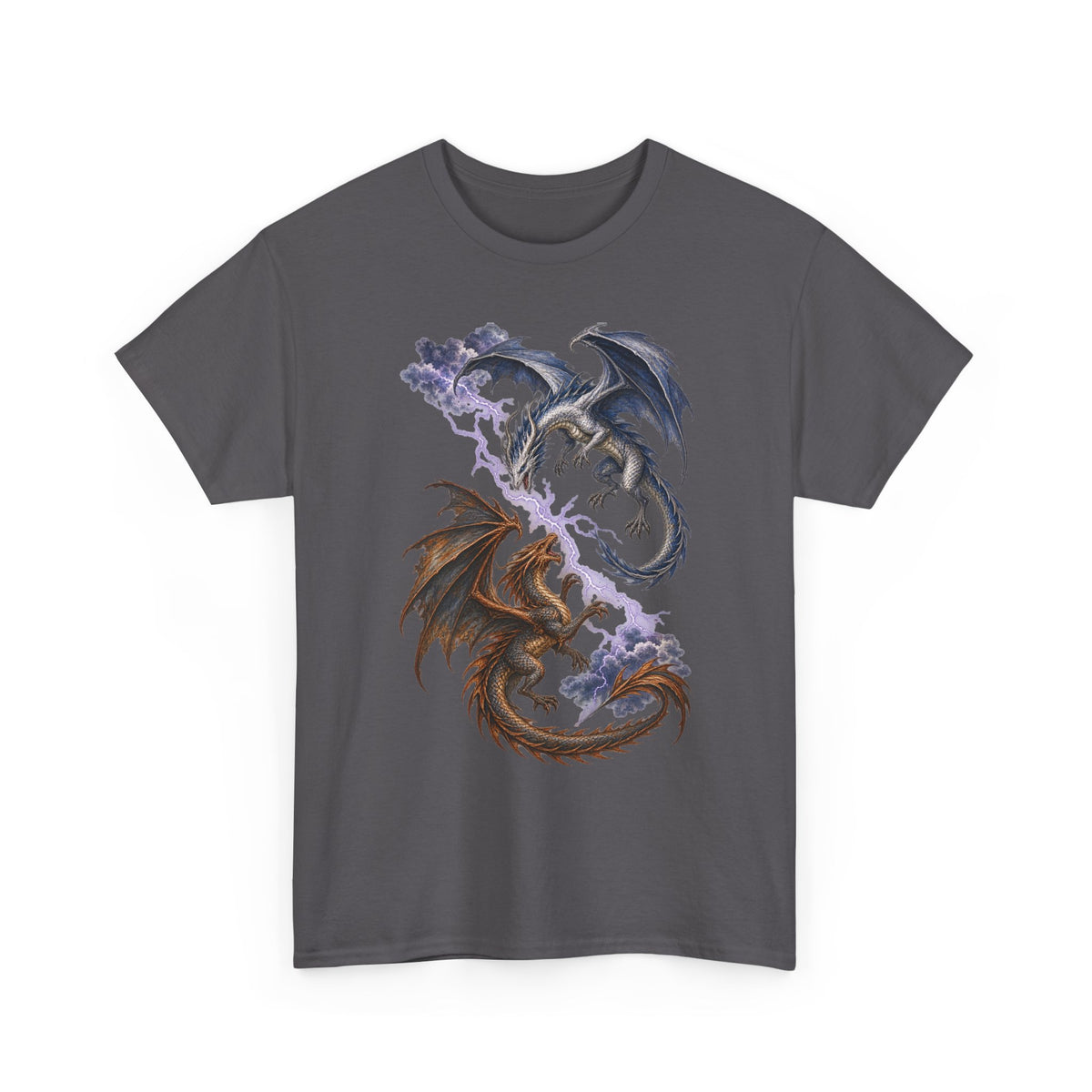 Ice and Bronze Dual Dragons Lightning T-Shirt Purple Lightning Storm Clouds Fantasy Dragon Tee