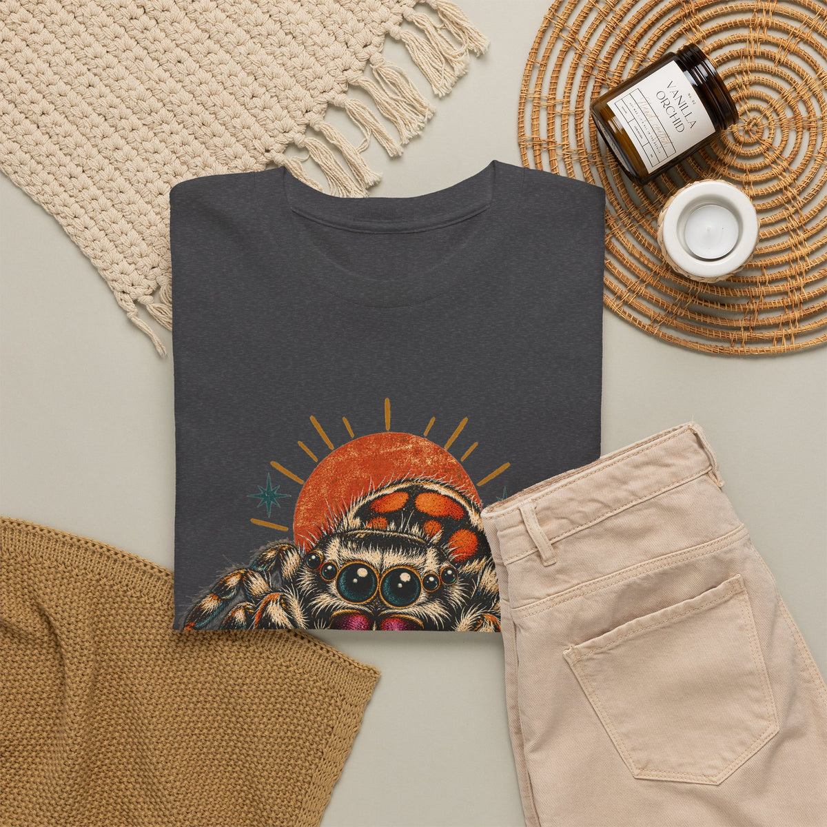 Jumping Spider Sunburst T-Shirt Cute Arachnid Orange Moon Tee