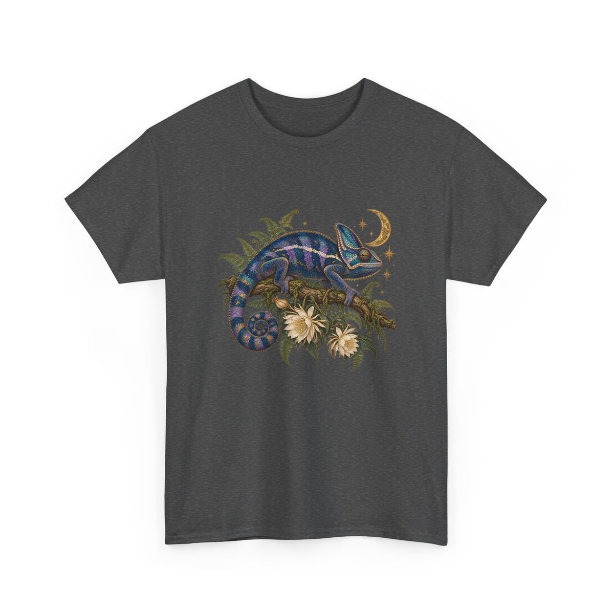 Night Bloom Chameleon T-Shirt Celestial Crescent Moon Ferns Reptile Tee
