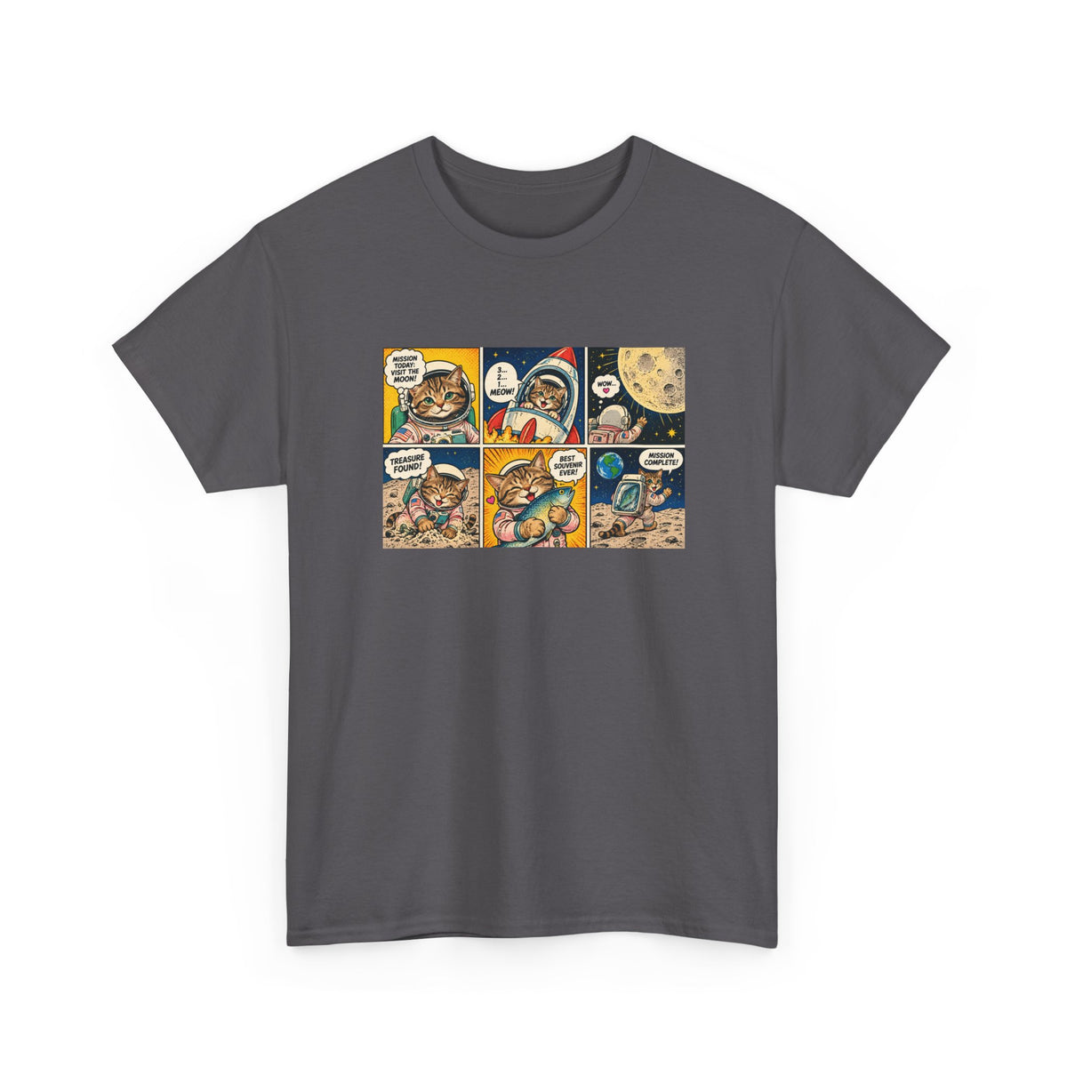 Astronaut Cat Comic T-Shirt, Space Cat Moon Mission Fish Funny Comic Strip Graphic Tee Unisex