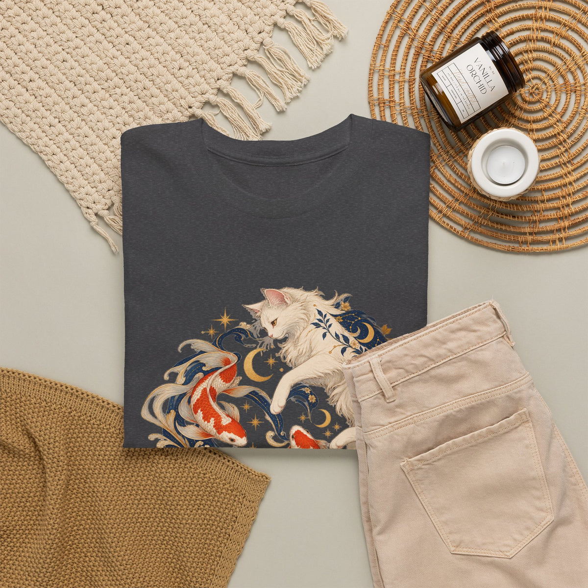 White Cat Koi Celestial T-Shirt Yin Yang Floral Cat Fish Tee