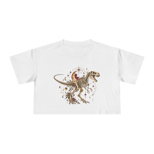 Celestial T-Rex Skeleton Crop Tee, Dark Academia Moon Stars Floral Dinosaur Women's Cropped T-Shirt