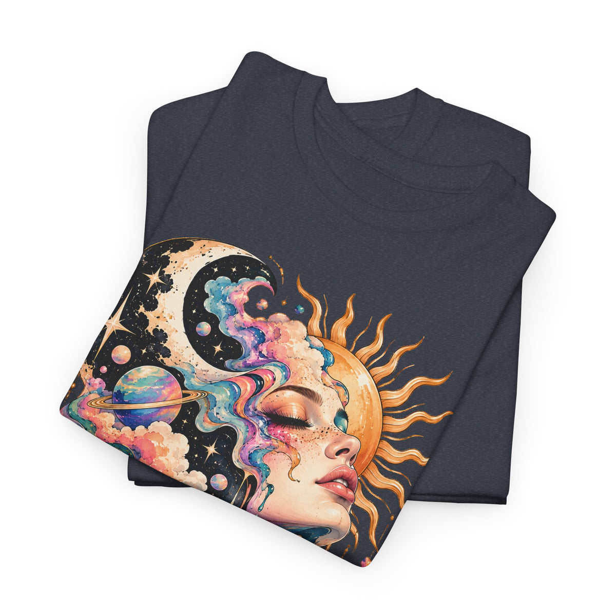 Celestial Sun and Moon Woman T-Shirt, Pastel Cloud Hair Melting Drip Planets Stars Graphic Tee Unisex