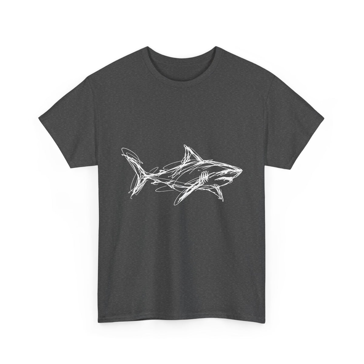 Sketchy White Shark on Black T-Shirt Minimal Ocean Line Art