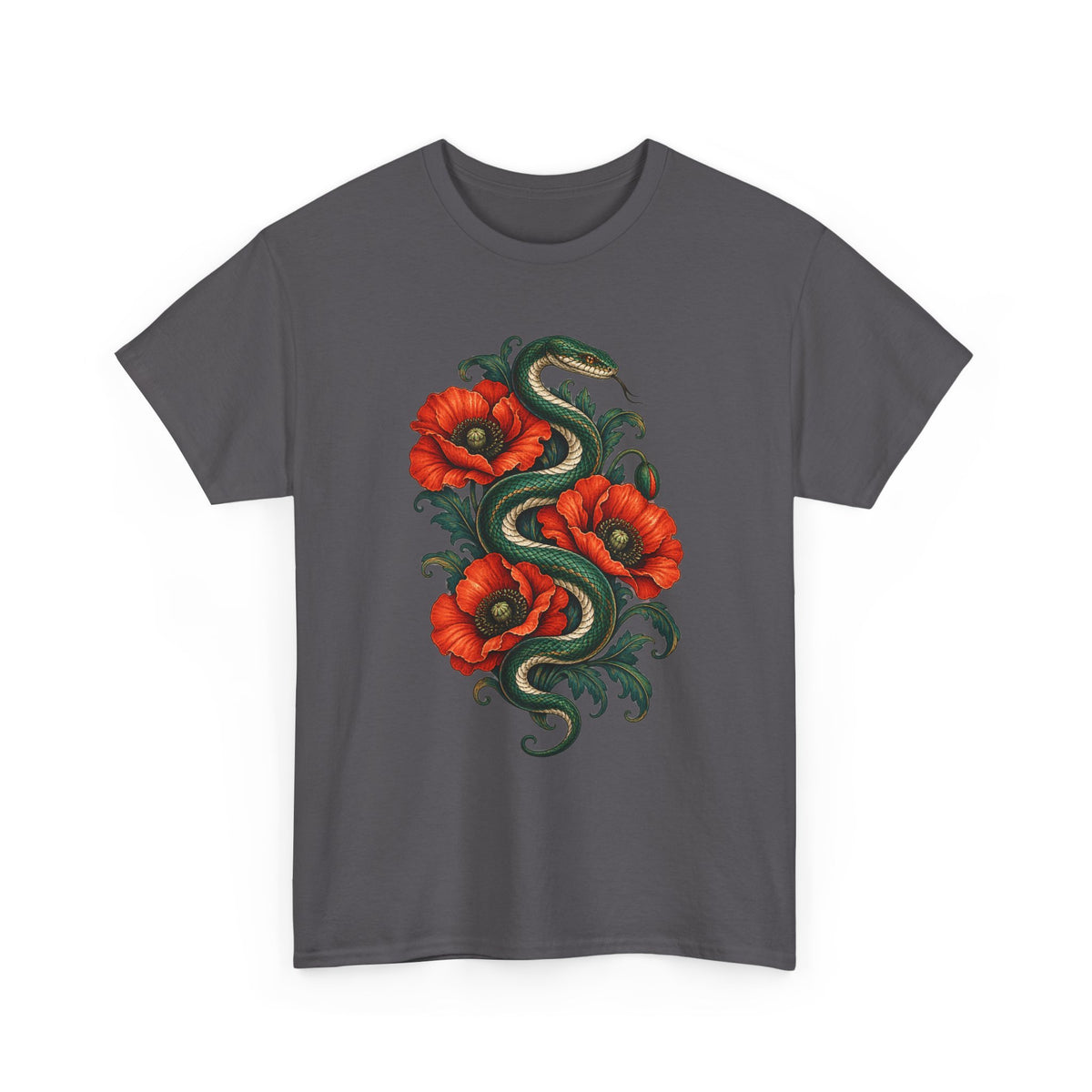 Green Snake Red Poppies T-Shirt Botanical Serpent Floral Tee