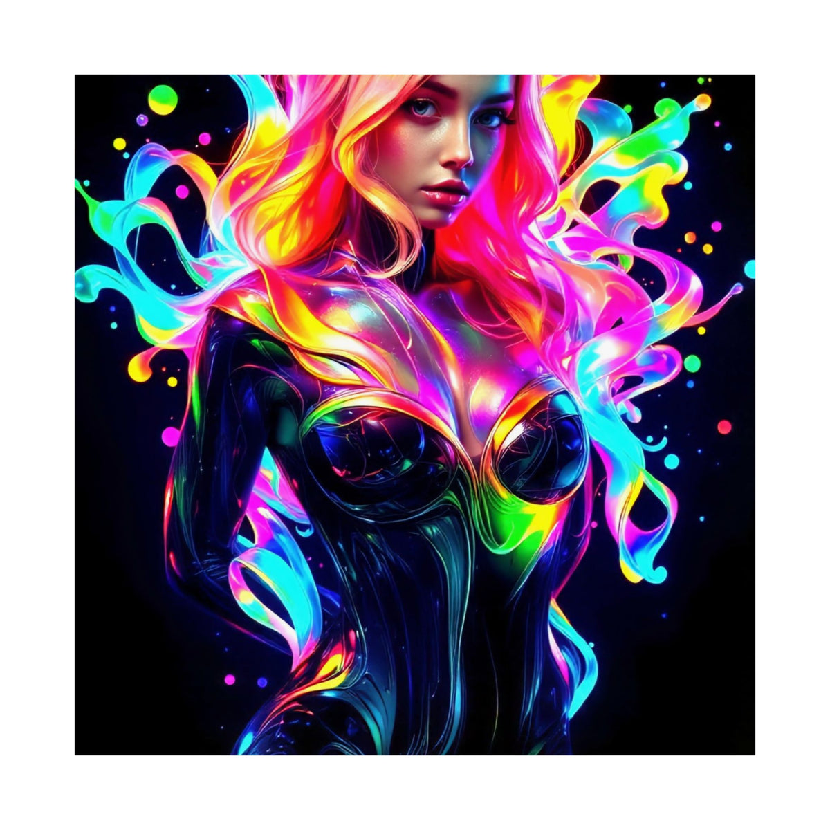 Neon Splash Rainbow Hair Woman Poster Matte Vertical Wall Art