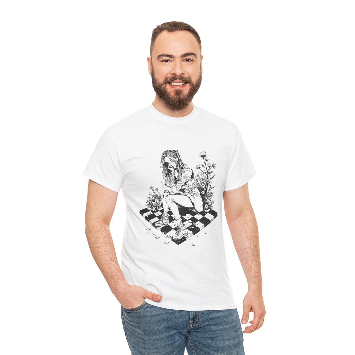 Gothic Girl Line Art Sketch Graphic Tee Unisex Heavy Cotton T-Shirt