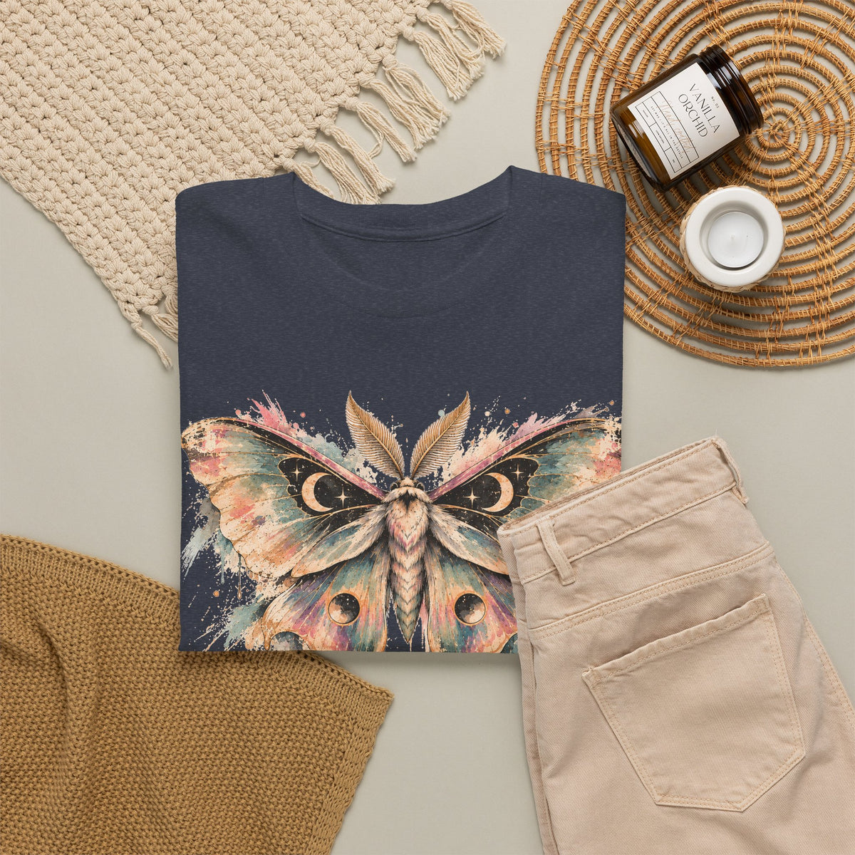 Celestial Luna Moth T-Shirt, Pastel Watercolor Moth Crescent Moon Stars Paint Drip Graphic Tee Unisex
