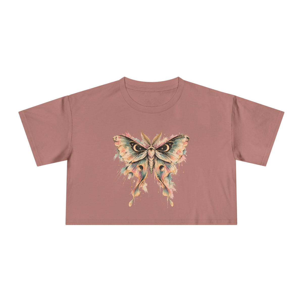 Celestial Luna Moth Crop Tee, Pastel Watercolor Moth Crescent Moon Stars Paint Drip Women's Cropped T-Shirt