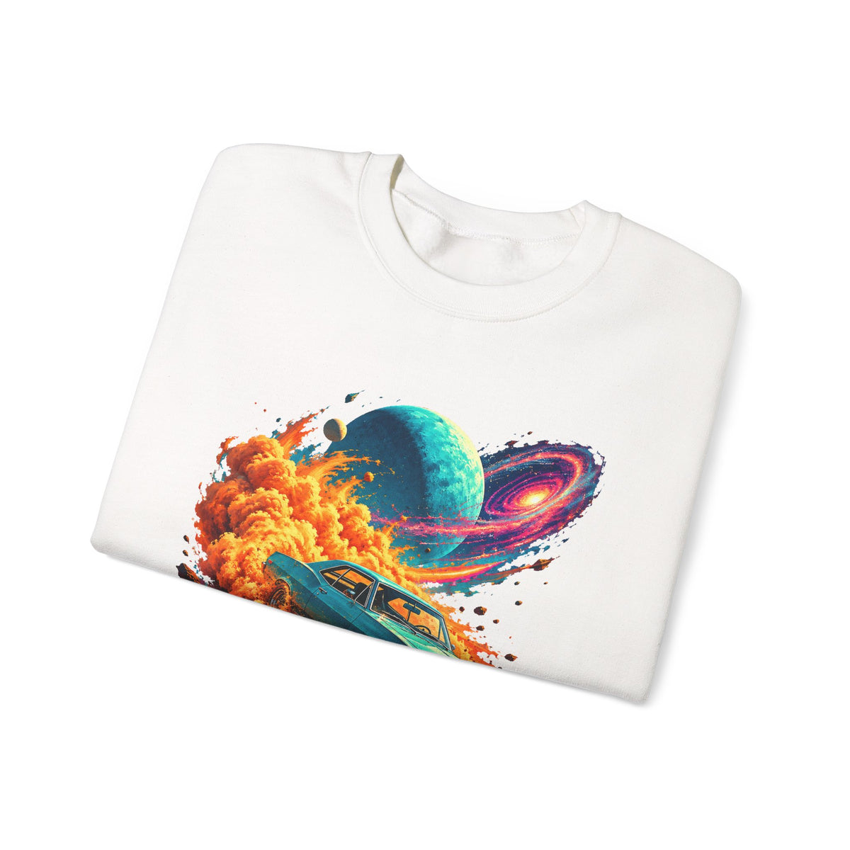 Cosmic Muscle Car Drift Crewneck Sweatshirt Teal Classic Car Orange Dust Planet Galaxy Art