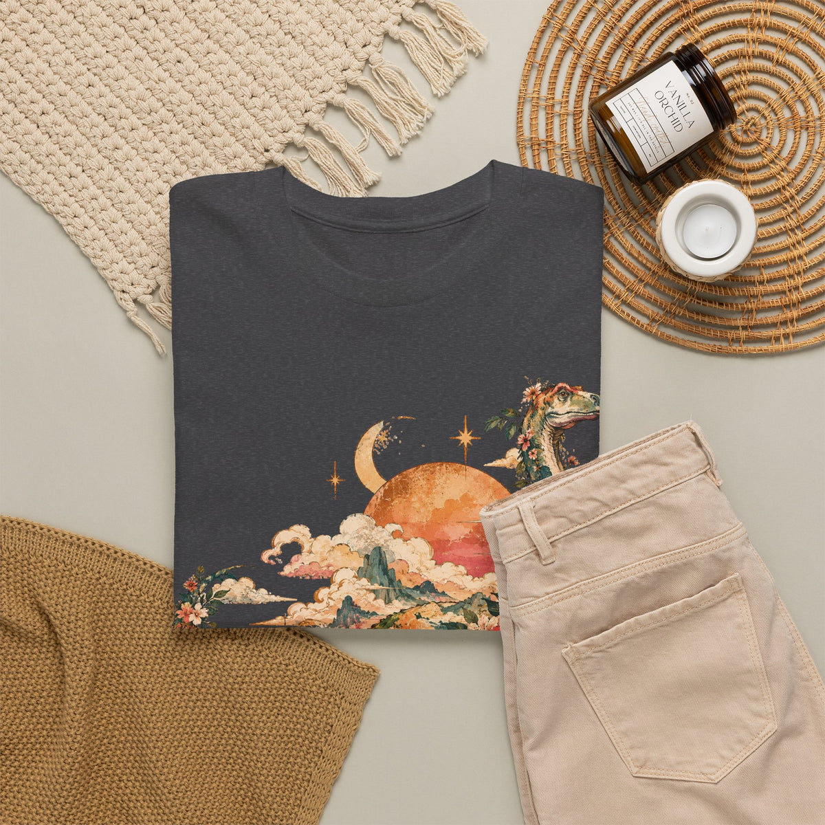Floral Dinosaur T-Shirt, Vintage Brontosaurus Sunset Mountains Graphic Tee Unisex Nature Shirt