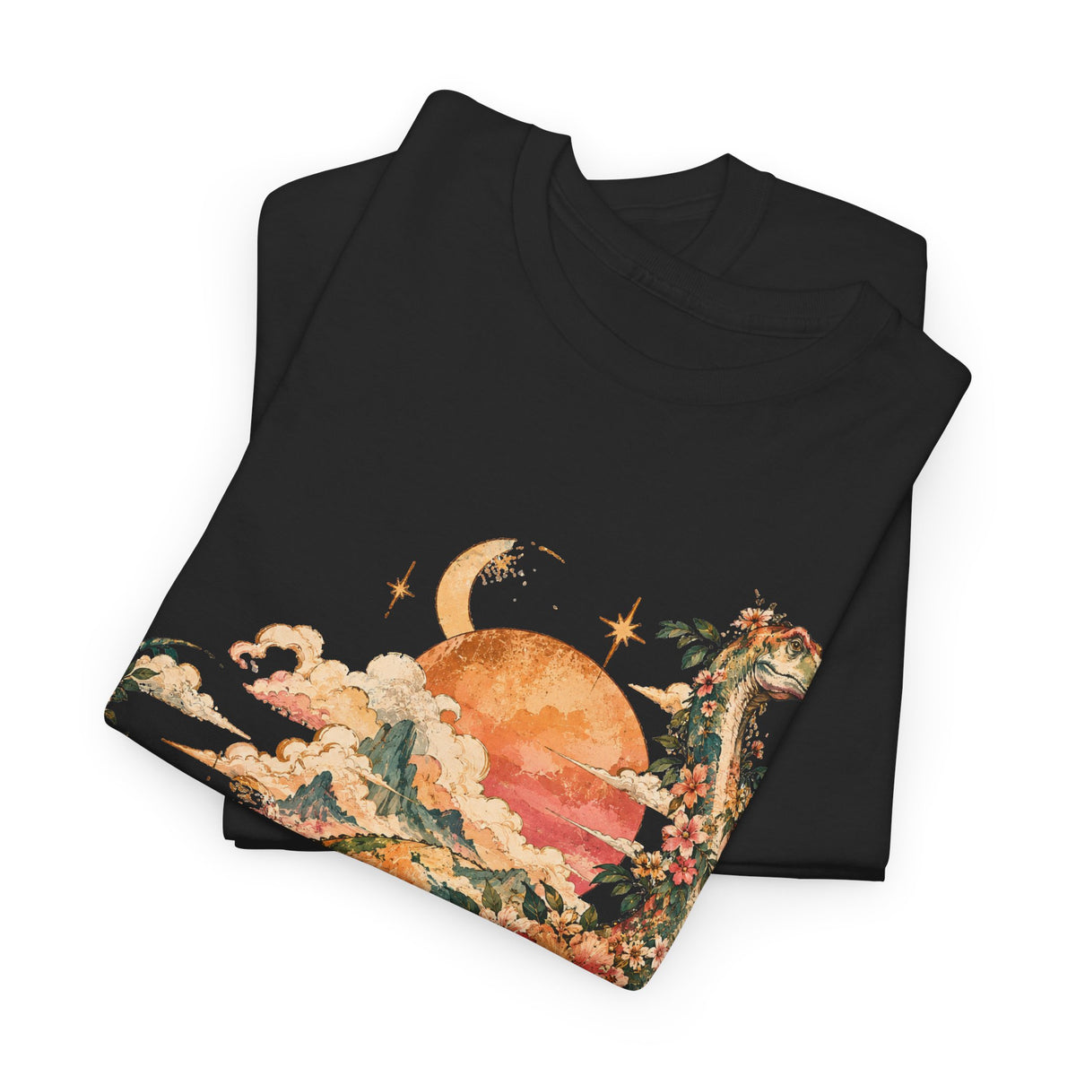 Floral Dinosaur T-Shirt, Vintage Brontosaurus Sunset Mountains Graphic Tee Unisex Nature Shirt