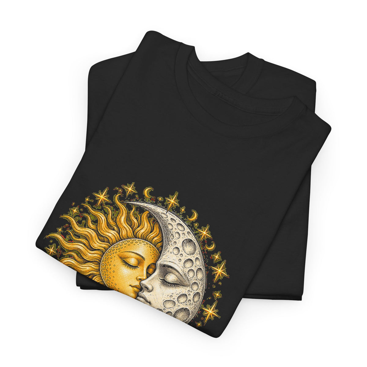 Celestial Sun and Moon Kiss T-Shirt Gold Silver Stars Romance Woodcut Tee