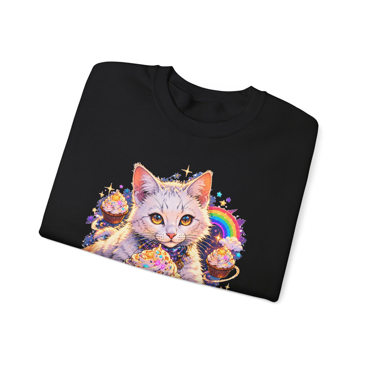 Birthday Cat Cupcake Crewneck Sweatshirt Cute White Kitten Rainbow Sprinkles Party Art