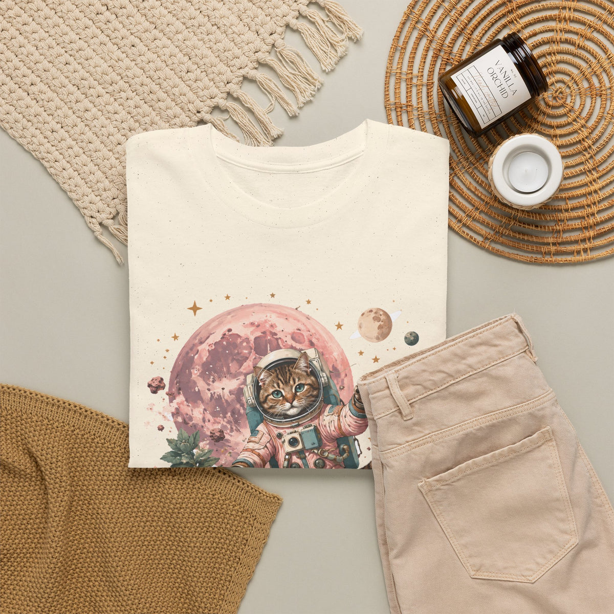Tabby Cat Astronaut T-Shirt Pastel Pink Moon Space Cat Waving Tee