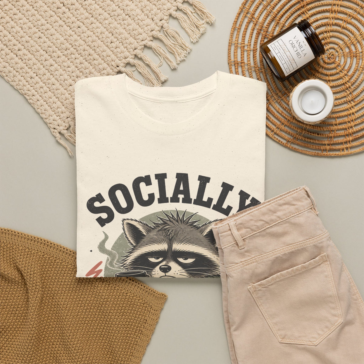 Socially Exhausted Raccoon T-Shirt Funny Introvert Coffee
