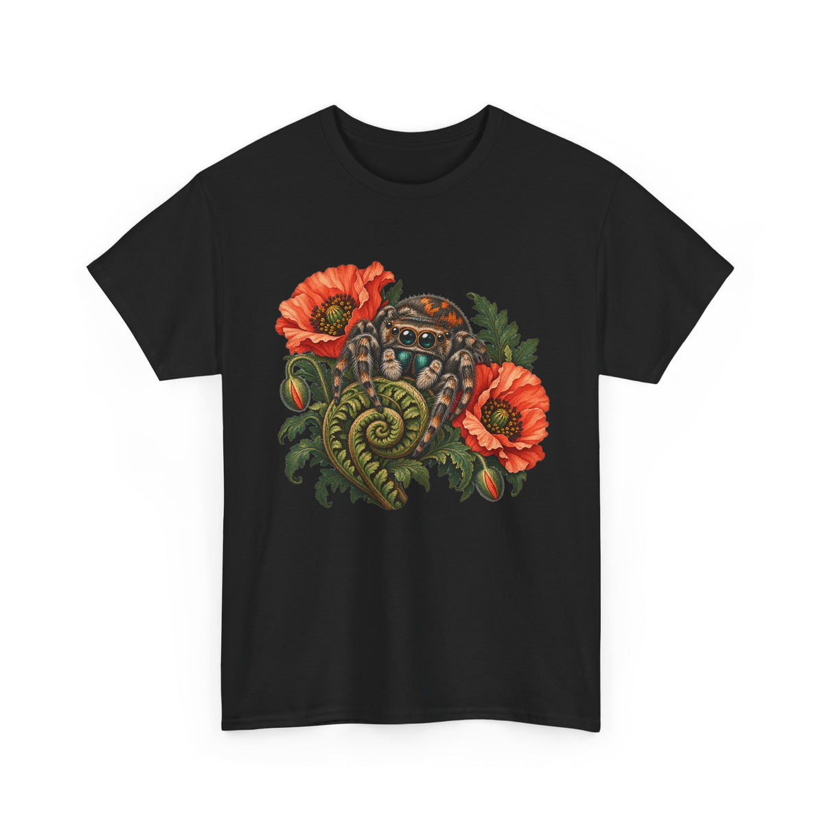 Jumping Spider Poppy Fern T-Shirt Botanical Arachnid Floral Tee