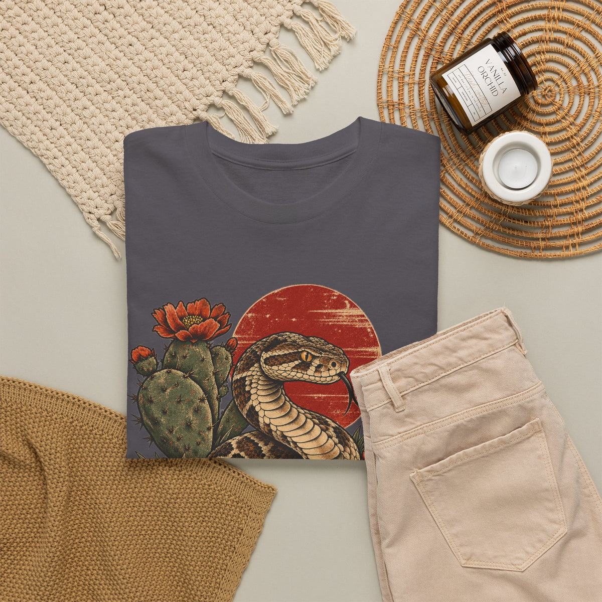 Desert Rattlesnake Cactus T-Shirt Red Sun Western Snake Tee