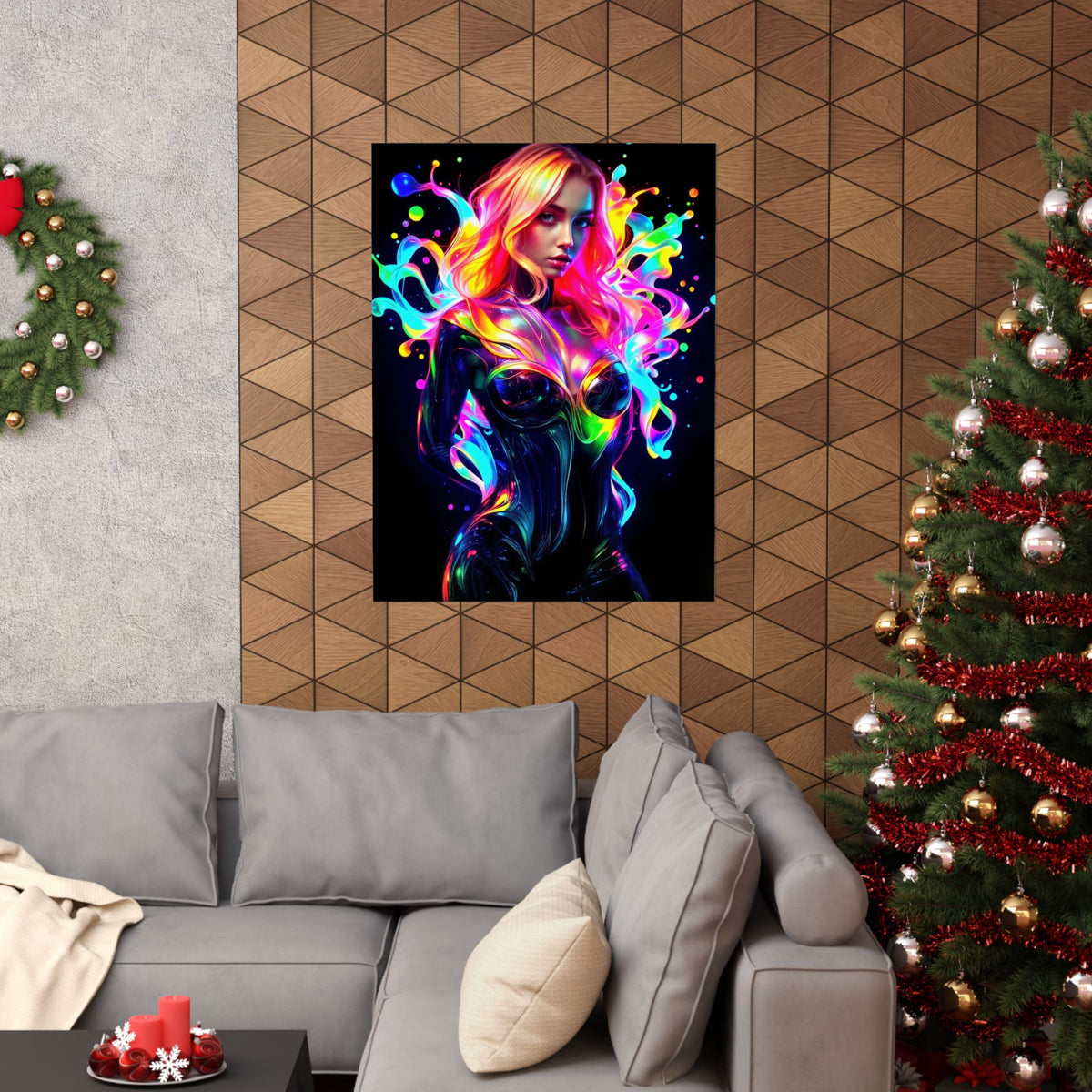 Neon Splash Rainbow Hair Woman Poster Matte Vertical Wall Art