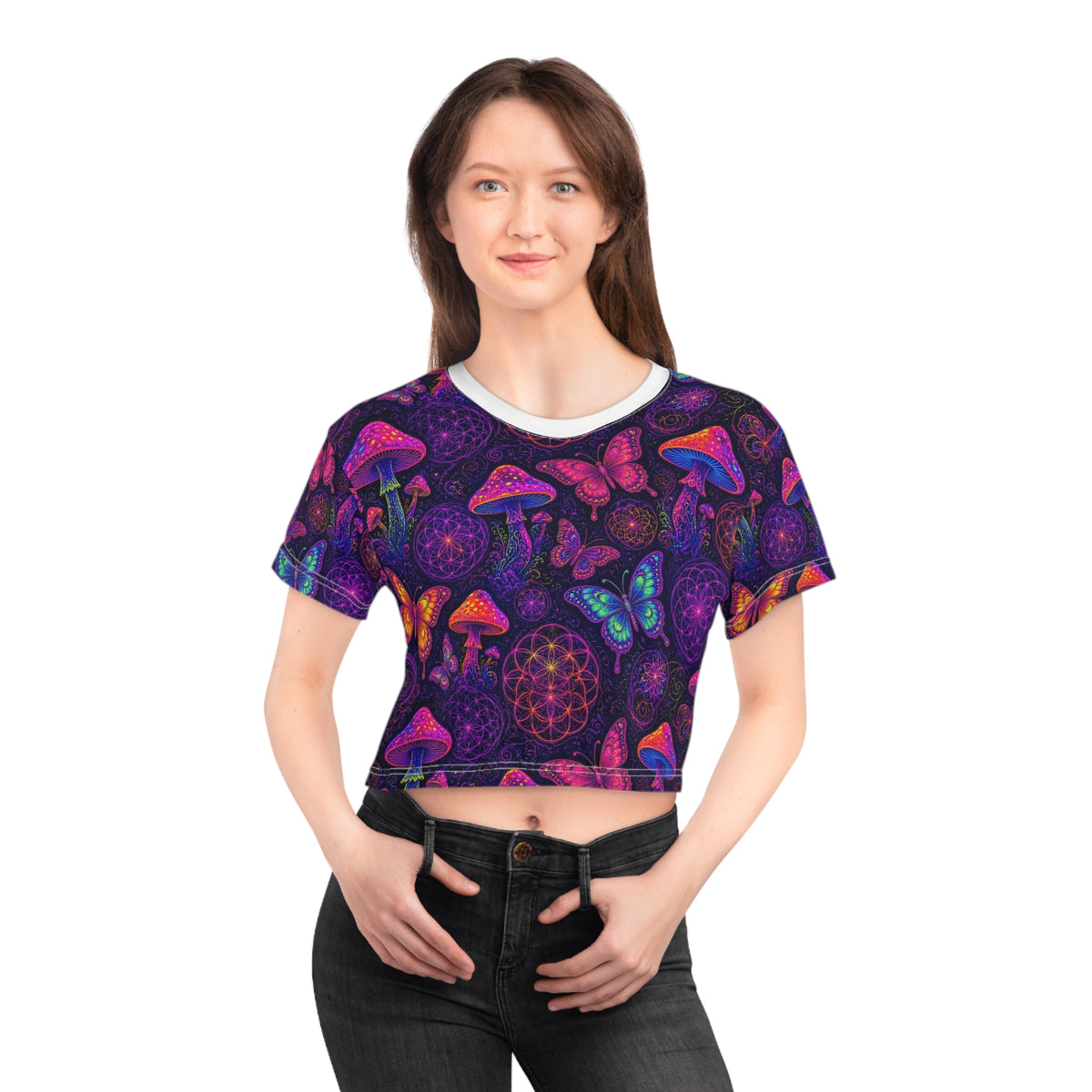 Neon Mushroom Butterfly Sacred Geometry Rave Crop Top Women Psychedelic EDM