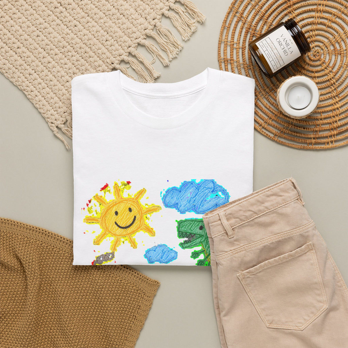 Kids Crayon Drawing T-Shirt Dinosaur Dog Sun House Cute Childlike Art Tee