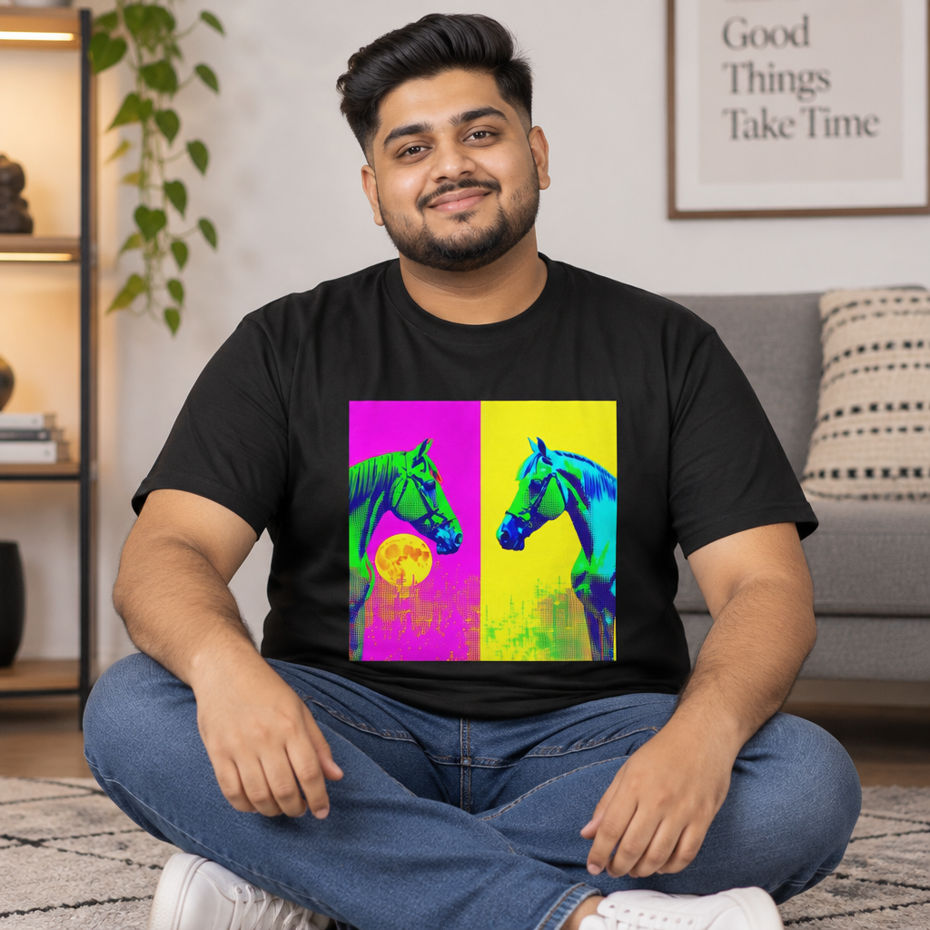 Man wearing a black Neon Pop Art Horses graphic tee sitting indoors