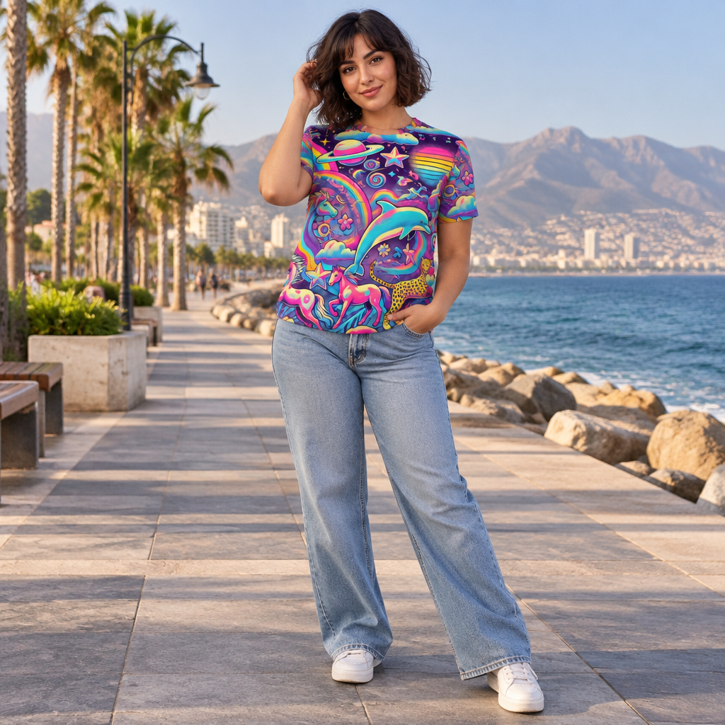 Woman wearing the Psychedelic Space Dolphins Leopard all over print tee on a seaside path