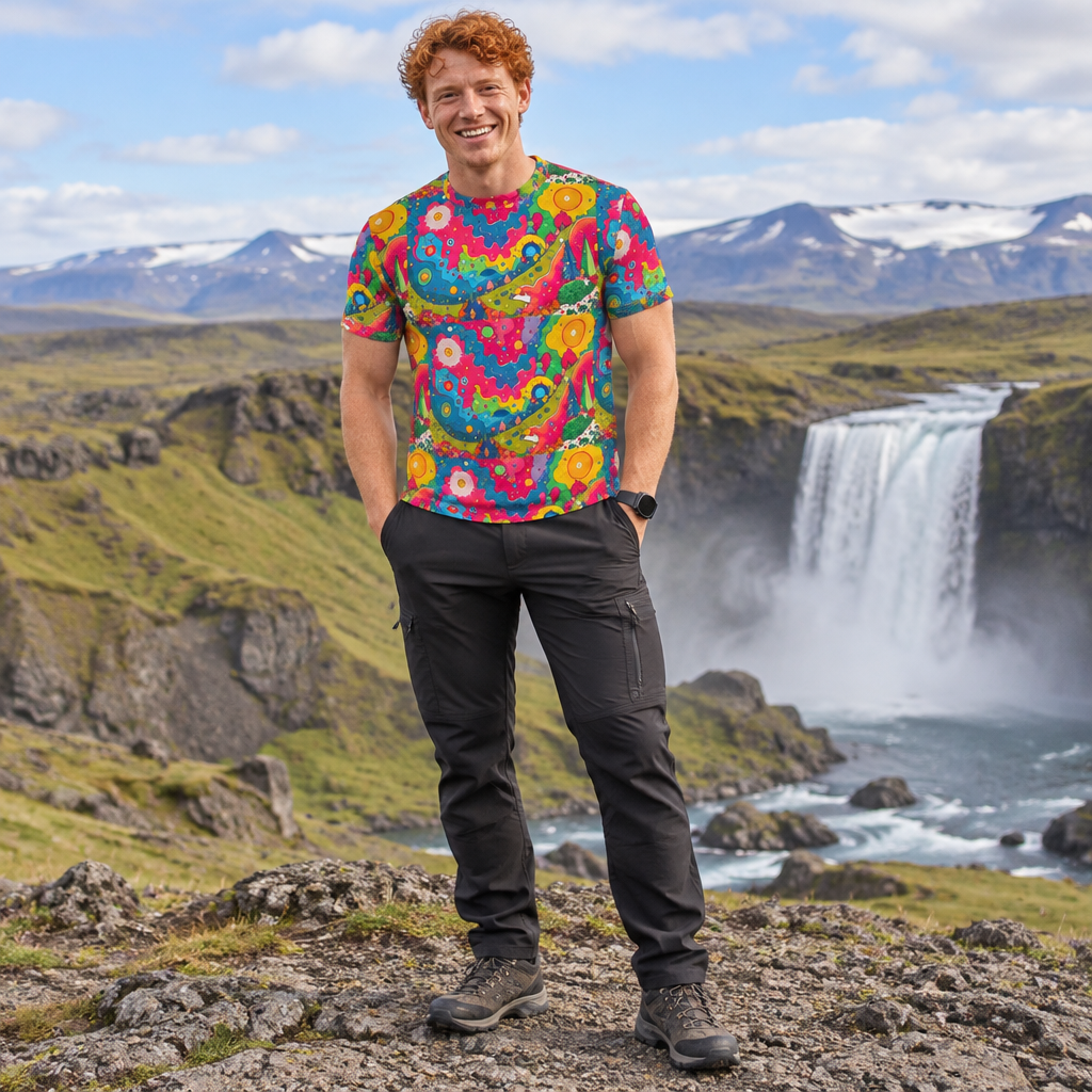 Man wearing the Psychedelic Mushroom Landscape all over print tee by a waterfall