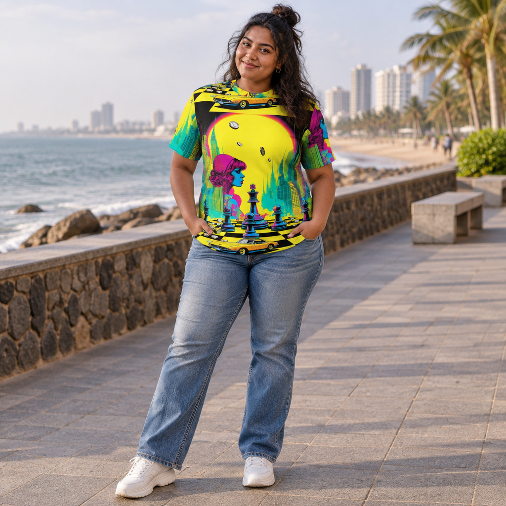 Woman wearing the Psychedelic Chess Queen Neon City all over print tee on a seaside promenade