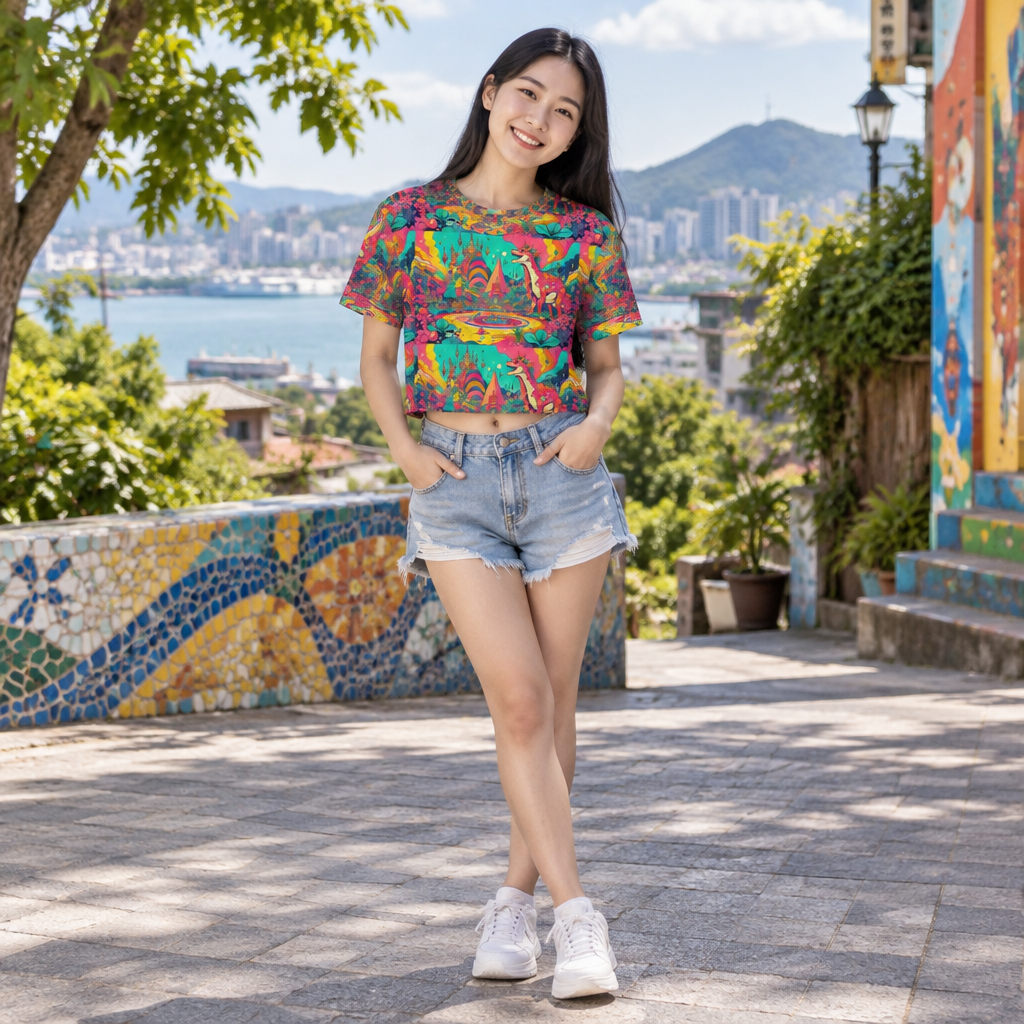 Woman wearing the Psychedelic Dinosaur Wonderland all over print crop top outdoors