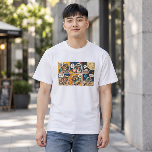 Man wearing a white Astronaut Cat Comic graphic t-shirt on a city sidewalk