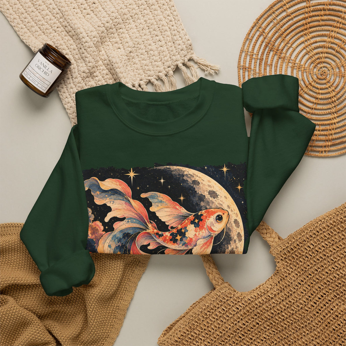 Koi Fish Moon Sweatshirt Celestial Koi Night Sky Full Moon Crewneck