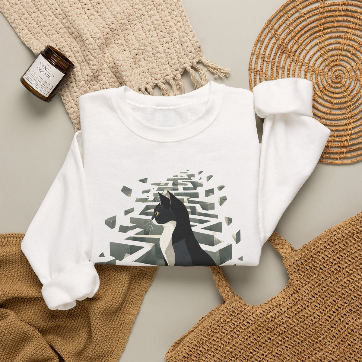 Tuxedo Cat 3D Maze Crewneck Sweatshirt Black and White Cat Surreal Labyrinth Art
