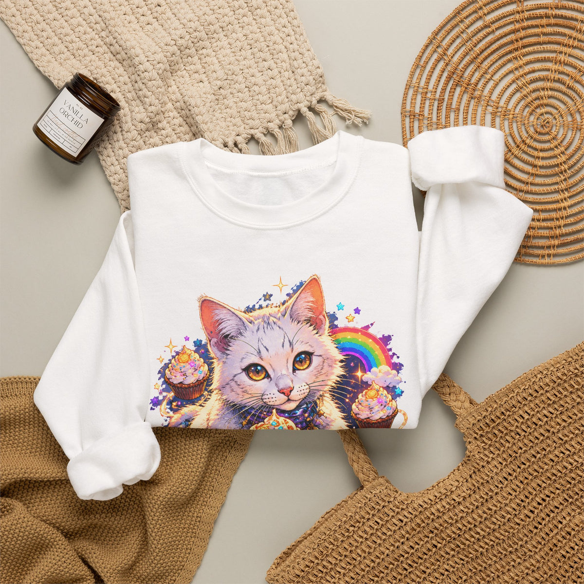 Birthday Cat Cupcake Crewneck Sweatshirt Cute White Kitten Rainbow Sprinkles Party Art
