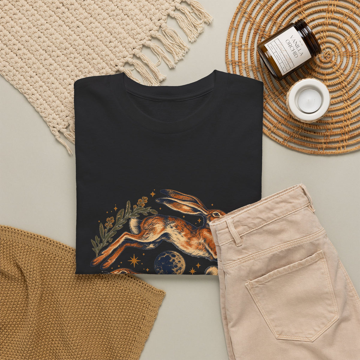 Leaping Hares Moon T-Shirt Celestial Twin Rabbits Stars Tee