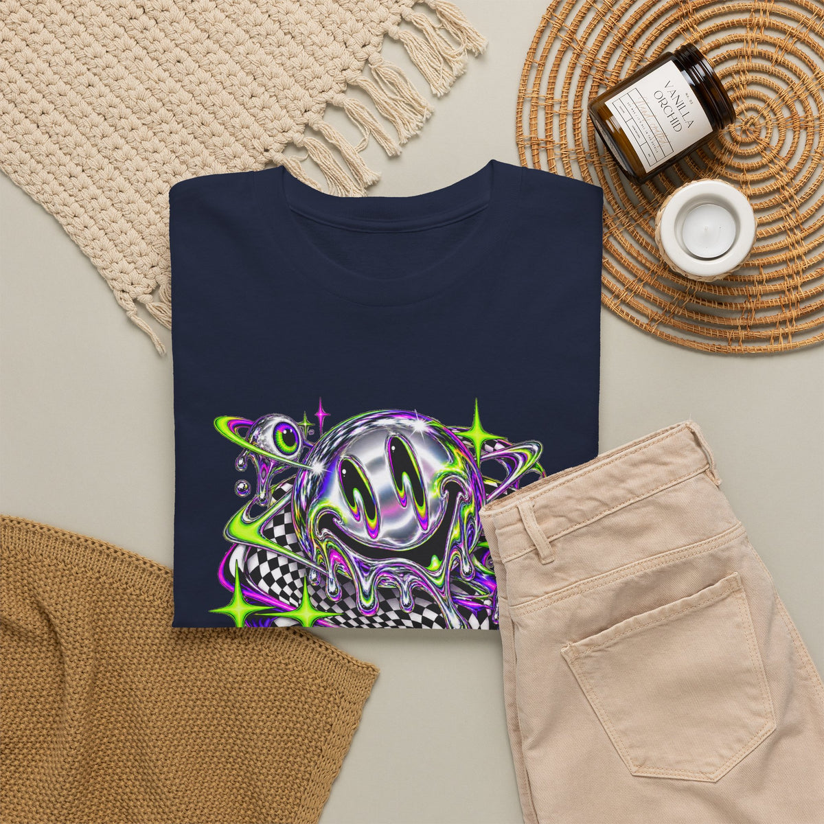 Chrome Melting Smiley T-Shirt Acid Trippy Y2K Psychedelic Tee