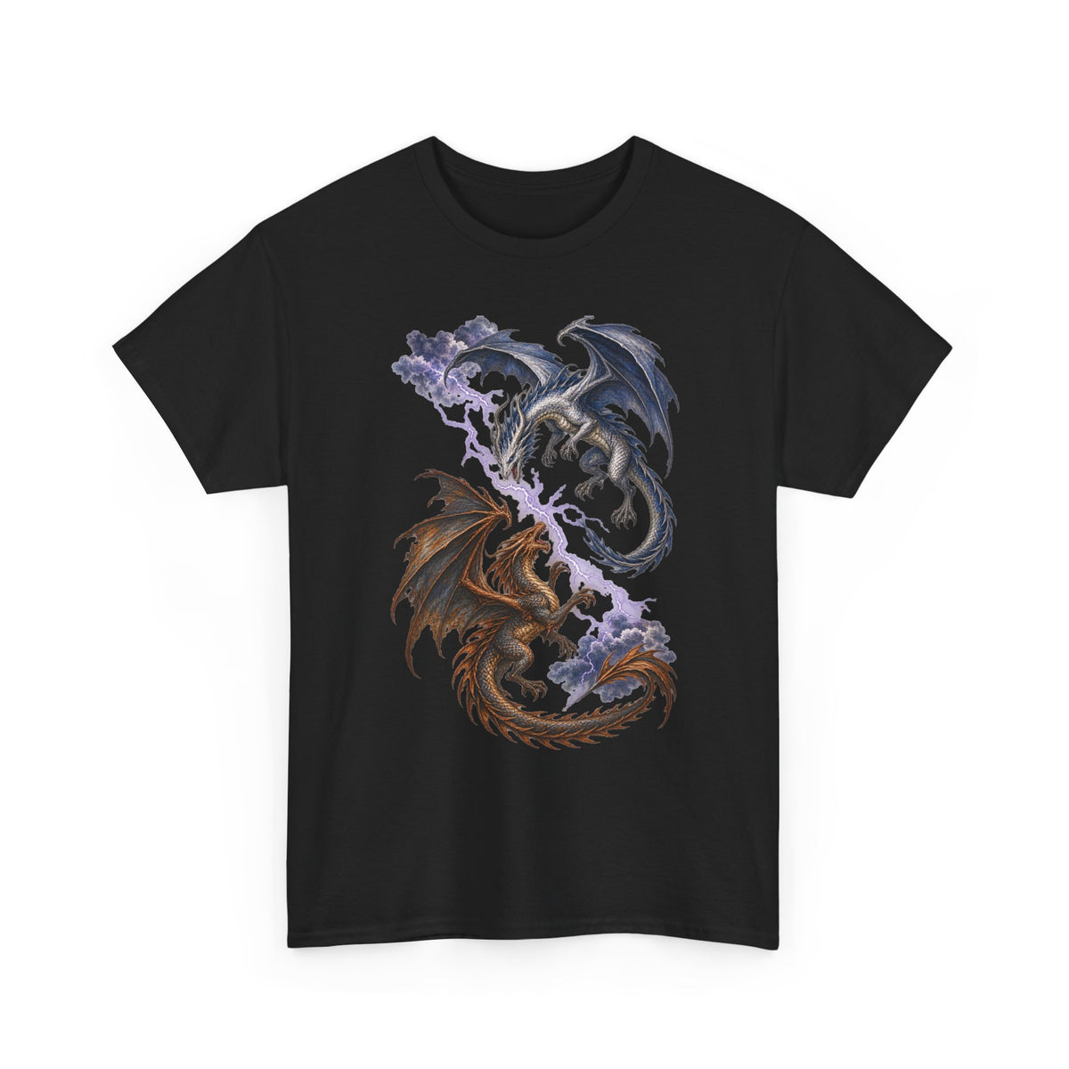 Ice and Bronze Dual Dragons Lightning T-Shirt Purple Lightning Storm Clouds Fantasy Dragon Tee