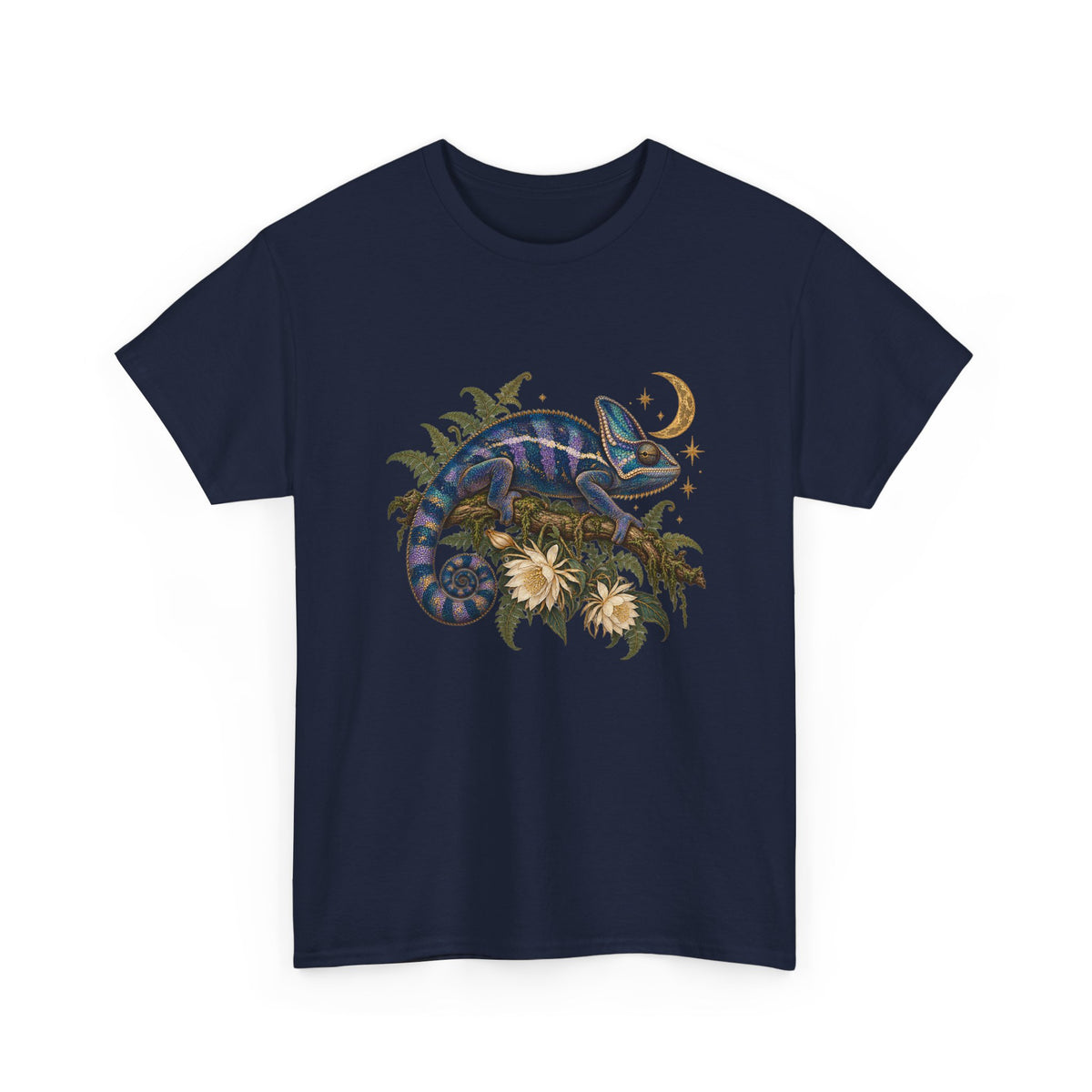 Night Bloom Chameleon T-Shirt Celestial Crescent Moon Ferns Reptile Tee