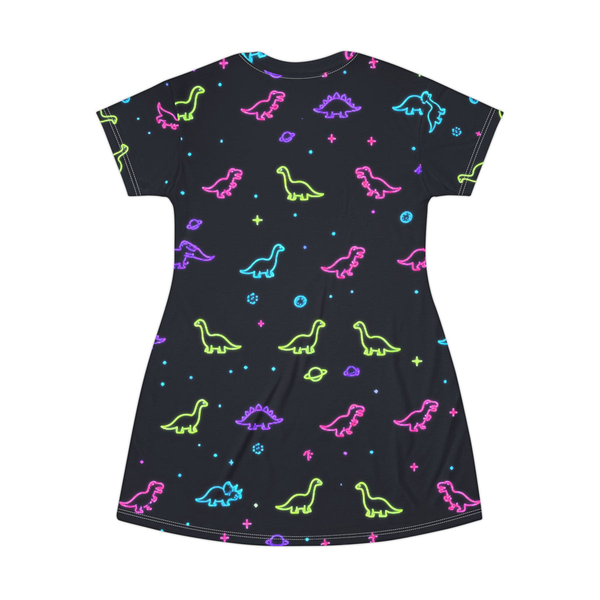 Neon Dinosaur Space T Shirt Dress Women All Over Print Galaxy Dino Stars Black