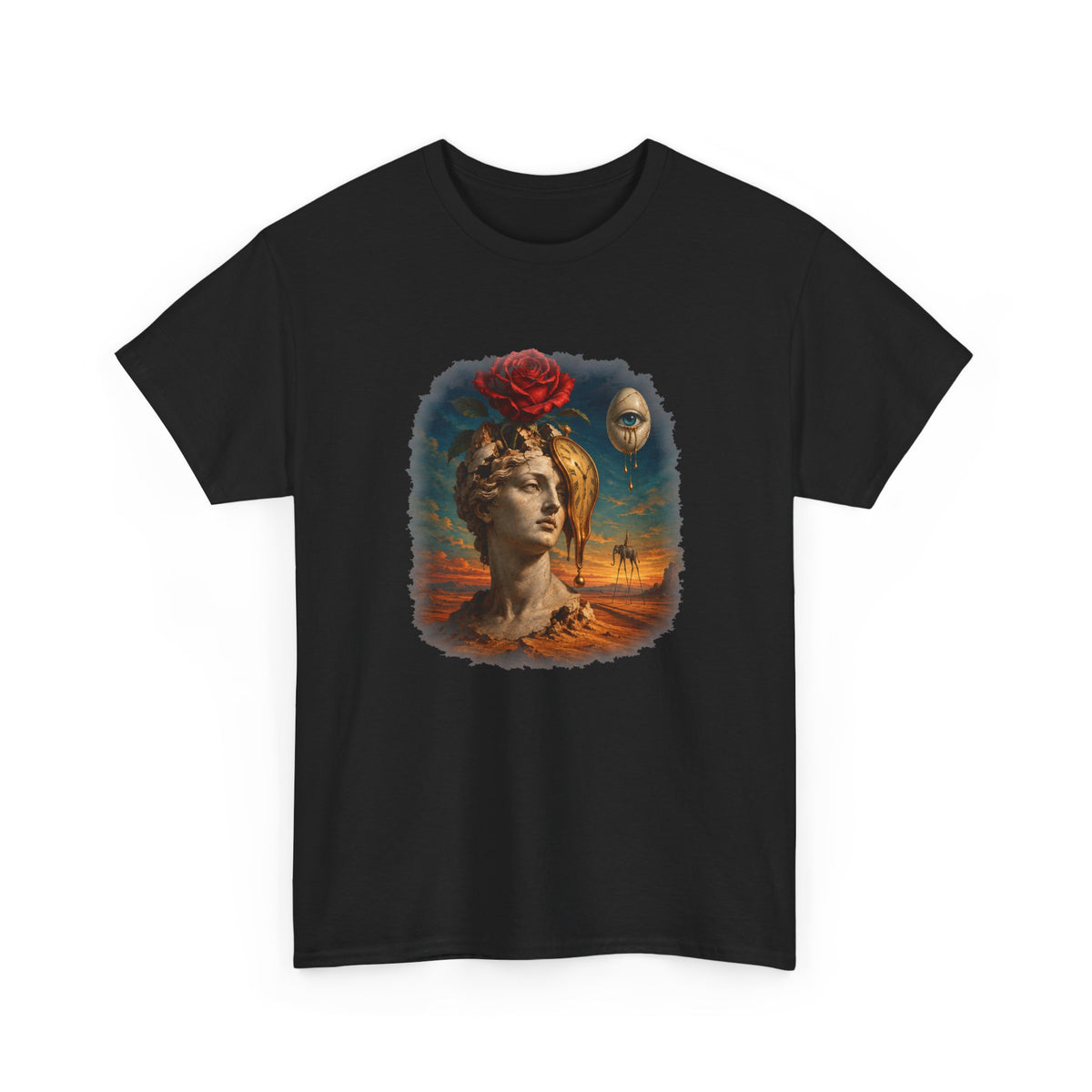 Surreal Rose Bust Melting Clock T-Shirt Dalí Style Desert Dream Tee