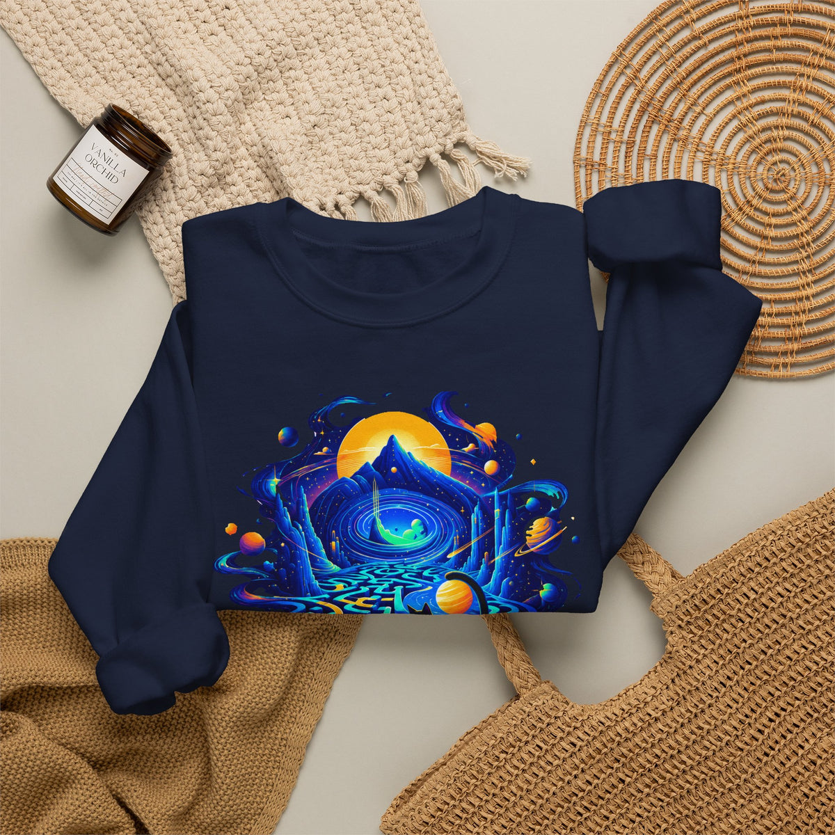Cosmic Black Cat Maze Sweatshirt Celestial Galaxy Labyrinth Cat Lover Crewneck