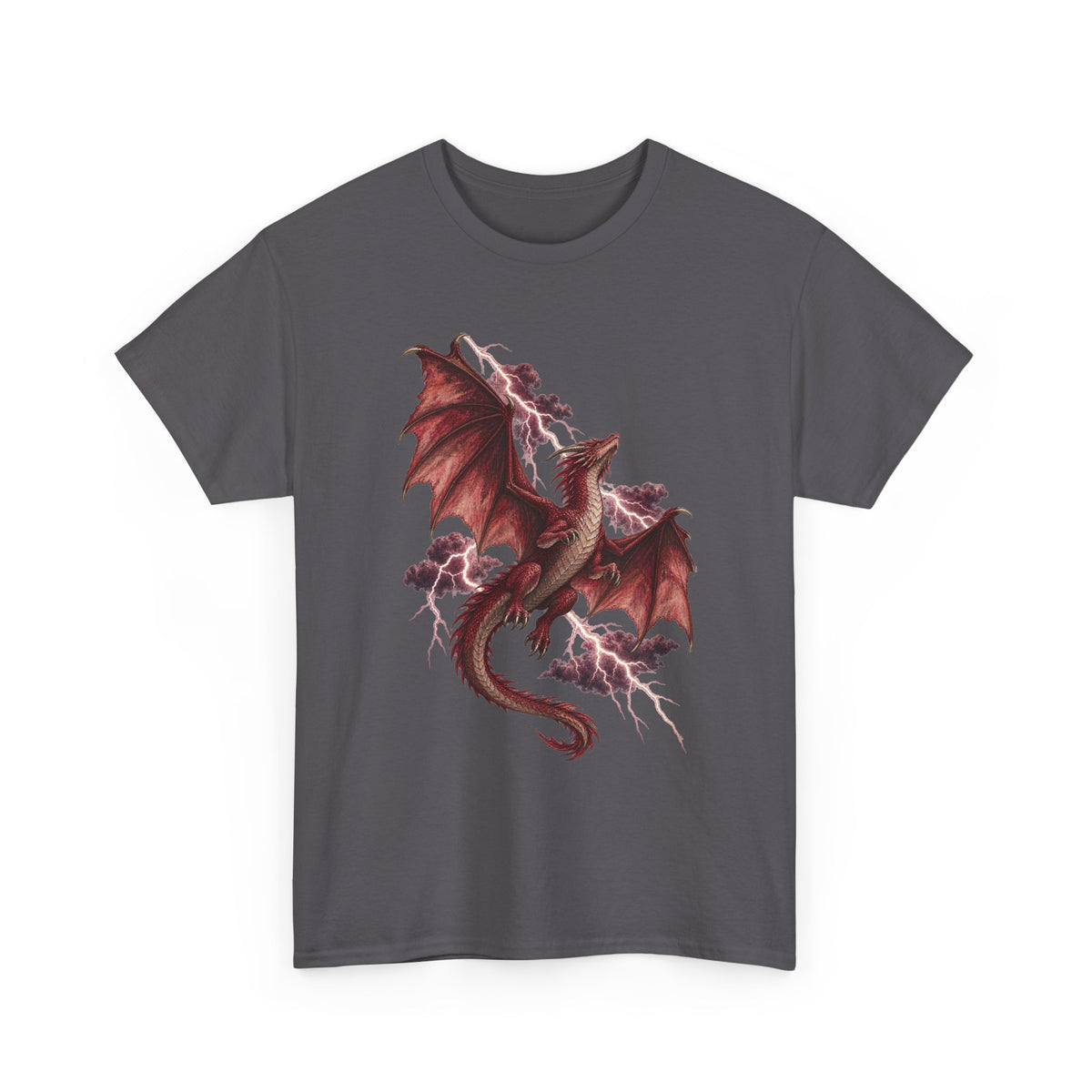 Red Lightning Storm Dragon T-Shirt Crimson Dragon Pink Lightning Purple Storm Clouds Fantasy Tee