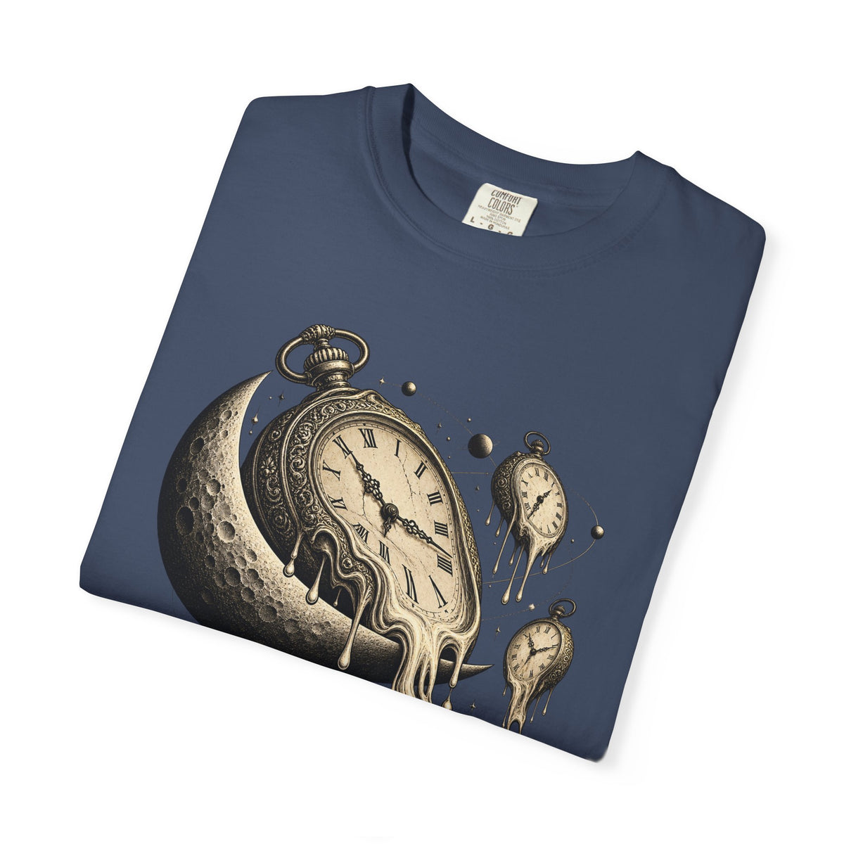 Melting Pocket Watch Crescent Moon Tee Surreal Celestial Time Shirt
