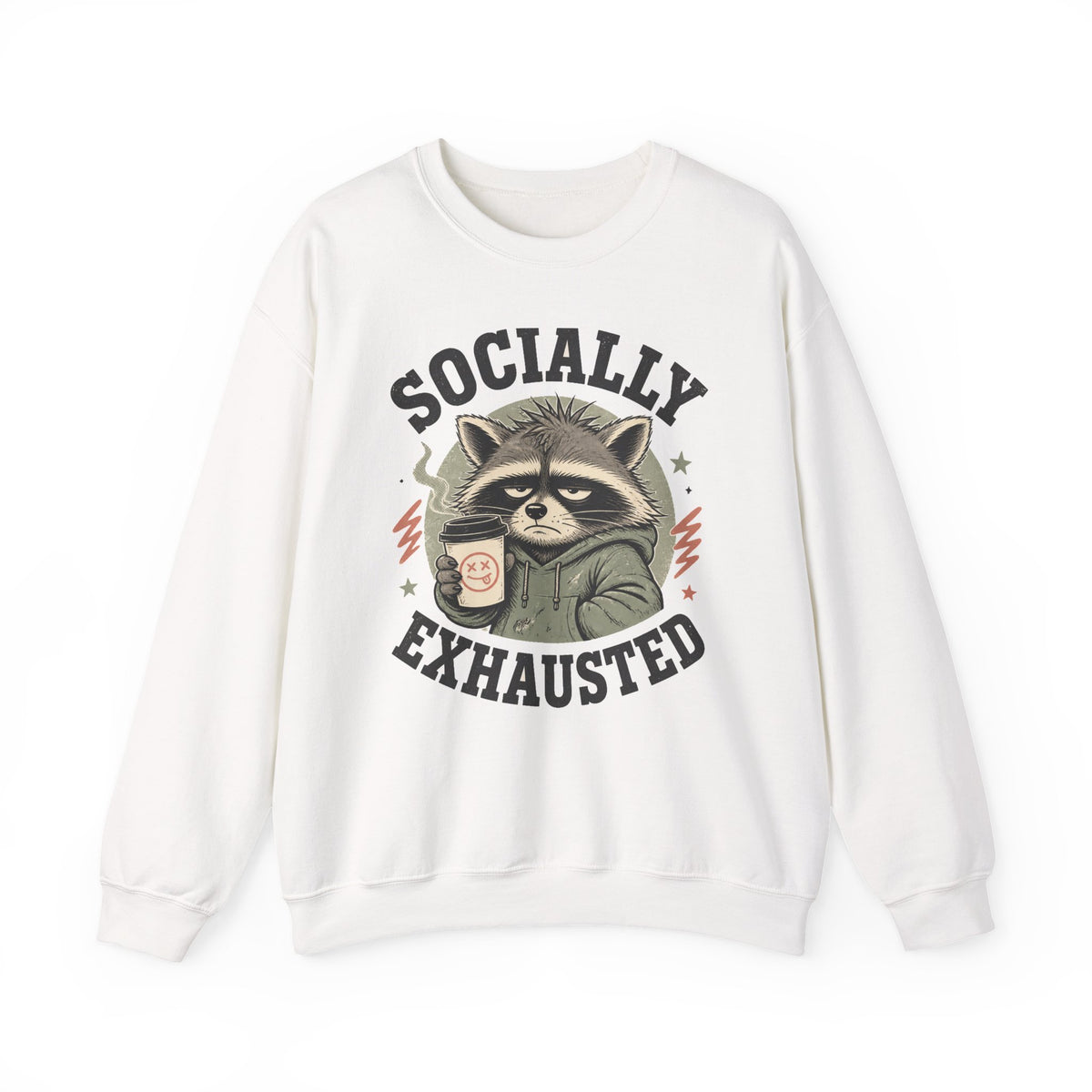 Socially Exhausted Raccoon Sweatshirt Funny Introvert Coffee