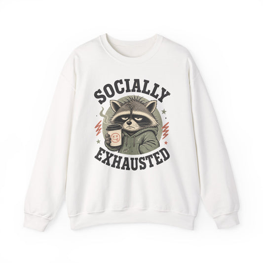 Socially Exhausted Raccoon Sweatshirt Funny Introvert Coffee