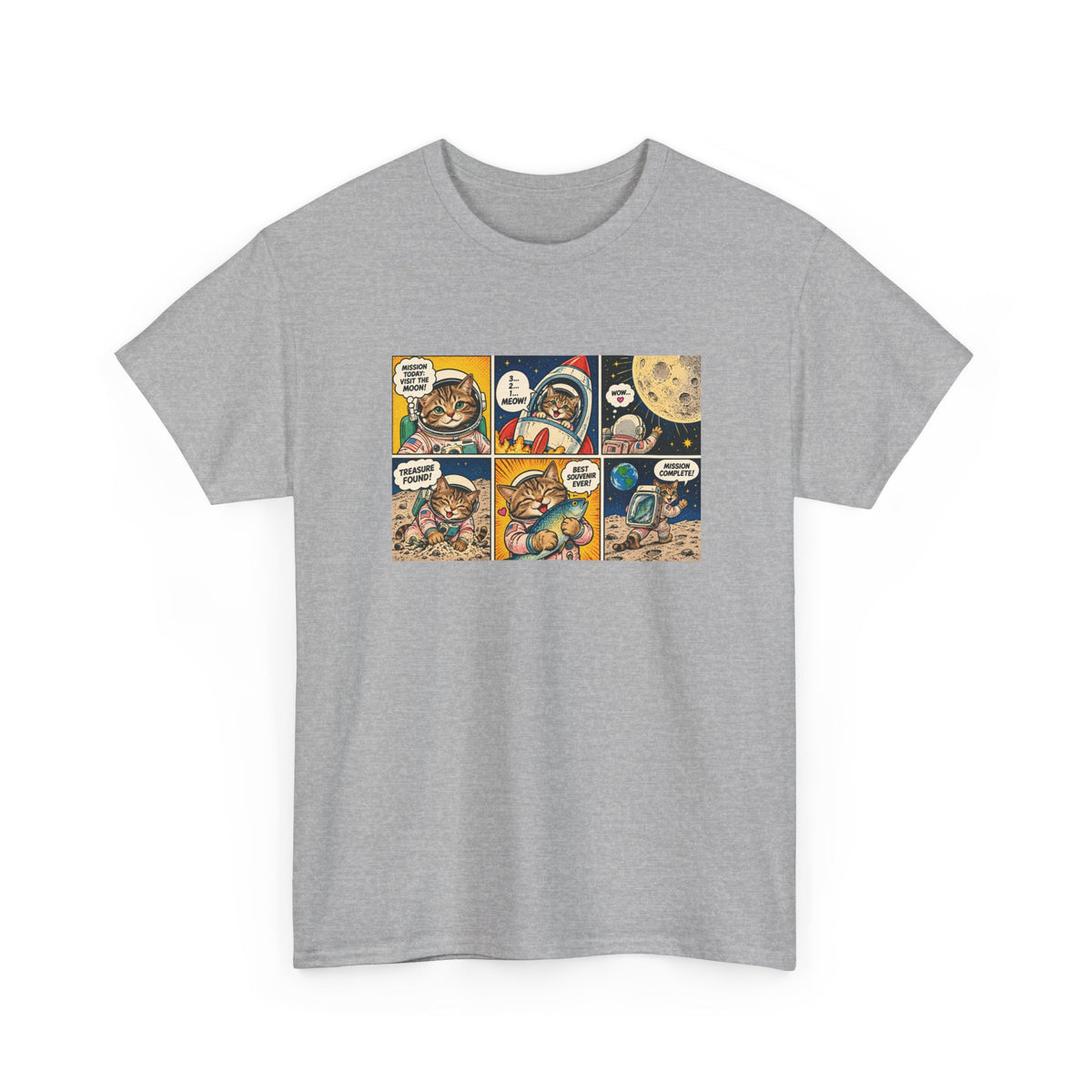 Astronaut Cat Comic T-Shirt, Space Cat Moon Mission Fish Funny Comic Strip Graphic Tee Unisex